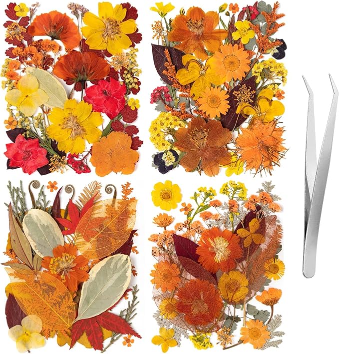 140 Pcs Fall Dried Pressed Flowers with Tweezer, Fall Themed Real Dried Flowers Leaves for DIY Crafts Resin Molds, Yellow Orange Dried Flowers for Autumn Halloween Thanksgiving Decorations