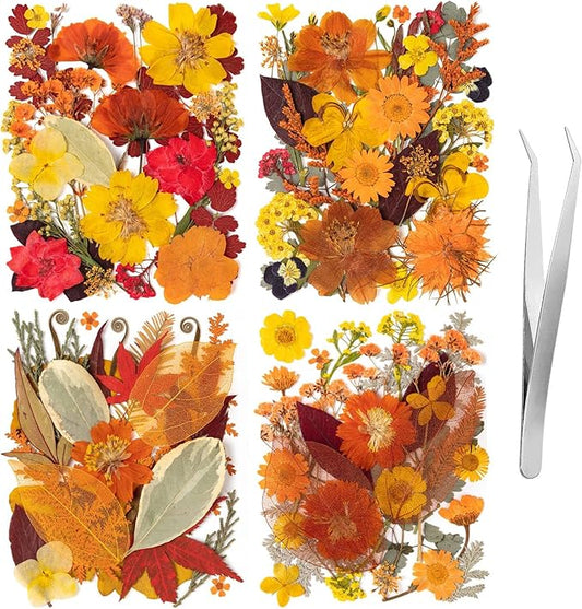 140 Pcs Fall Dried Pressed Flowers with Tweezer, Fall Themed Real Dried Flowers Leaves for DIY Crafts Resin Molds, Yellow Orange Dried Flowers for Autumn Halloween Thanksgiving Decorations