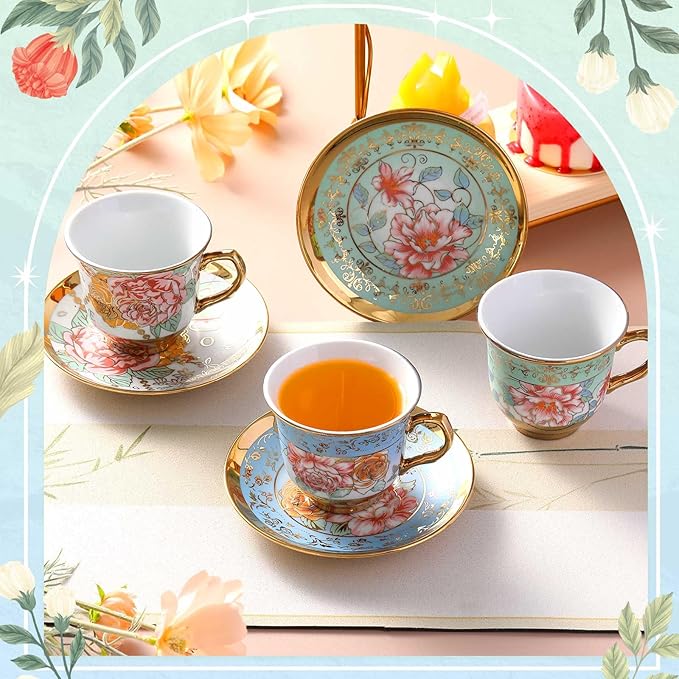 Set of 18 Tea Cups and Saucers Tea Party Decorations Floral Porcelain 5.4 oz British Gift for Women Birthday Party, Church, and Mother's Day (Classic Style)