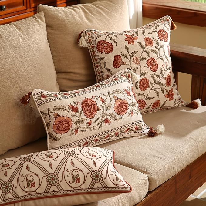 ISAENNE Design Linen Square Rectangle Vintage Throw Pillow Covers Set of 4, Red Euro Cushion Covers with Orange Floral Green Leaves Pattern Decor Pillowcases for Bed,Living Room,Outdoor,Car