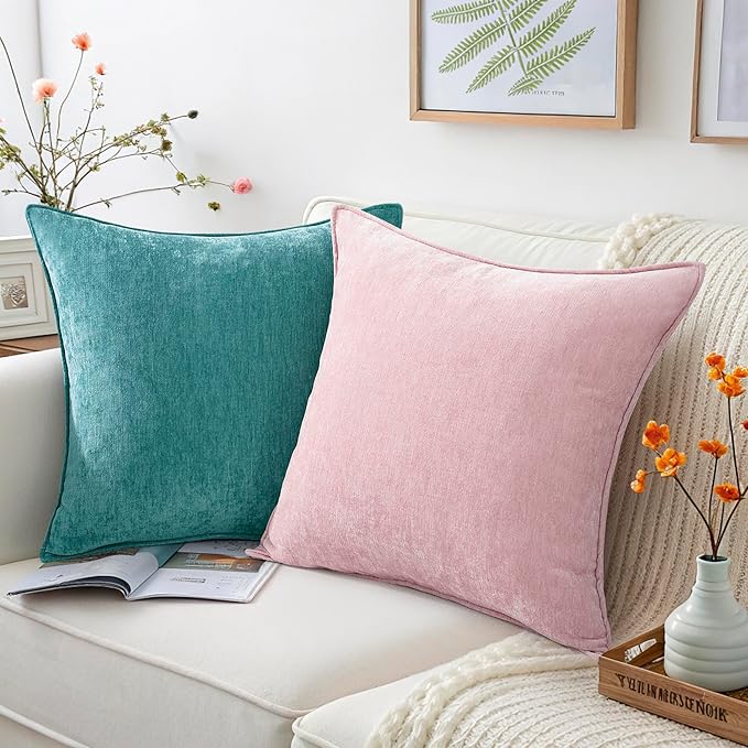 decorUhome Spring Couch Euro Sham Throw Pillow Covers 26x26 Set of 2, Decorative Soft Velvet Neutral Chenille Pillow Covers with Elegant Design for Sofa Bed Living Room Home Decor, Teal