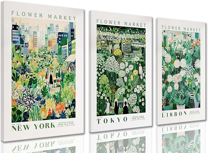 XLARTMY Flower Market Wall Art Prints Canvas Green Yellow White Floral Paintings Colorful Botanical Travel Flower Posters for Home Decor Pictures Set of 3 for Living Room Bedroom 12x16in