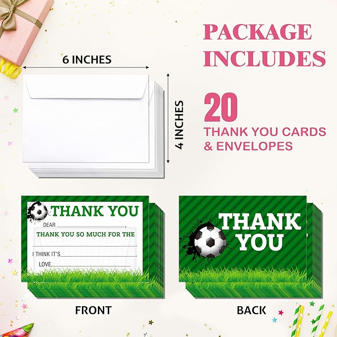 Soccer Kids Thank You Cards, Football Thank You Card For Soccer Birthday Party, Kids Birthday Cards Fill In The Blank, 20 Pack Green Greeting Cards With Envelopes For Boys And Girls, 007