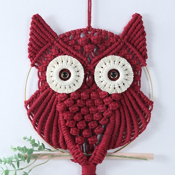 MVSUTA Owl Burgundy Cotton Handmade Macrame Wall Hanging Tapestry Home Decor Art and Red Craft Wonderful Decoration Woven Boho Ornament for Office Bedroom Apartment Living Room Nursery Gallery,1pc