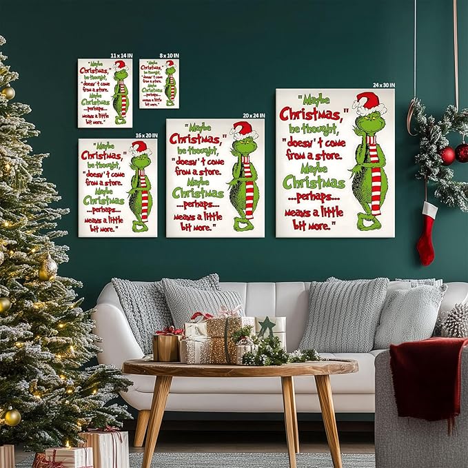 Christmas Canvas Wall Art Decor - “Maybe Christmas Means a Little Bit More” Holiday Quote Decor - 12x16 inch Whimsical Festive Wall Decoration for Room or Office - Premium Quality Canvas Print