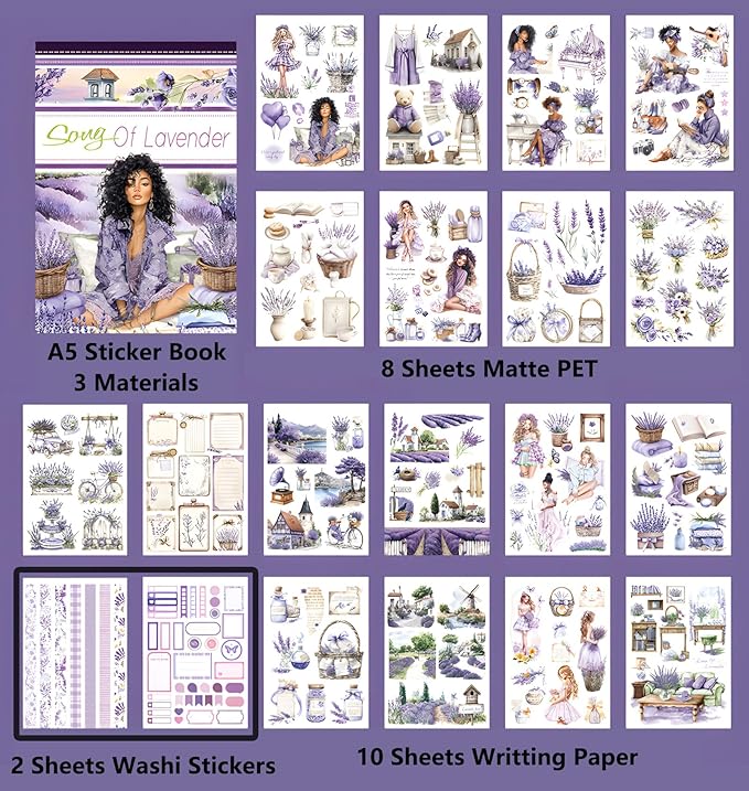 Junk Journal Sticker Book, Lavender Journaling Stickers, Purple Scrapbook Supplies, Pre-Cut Aesthetic Scrapbooking for Adults, Decorative Ephemera Bullet Planner DIY Arts Craft Collage