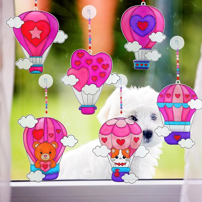 Winlyn 24 Sets Heart Hot Air Balloon Suncatchers Ornaments Decorations DIY Window Paint Art Craft Kits Sun Catcher Painting Kit for Kids Valentine's Day Classroom Activities Party Favors Gift Exchange