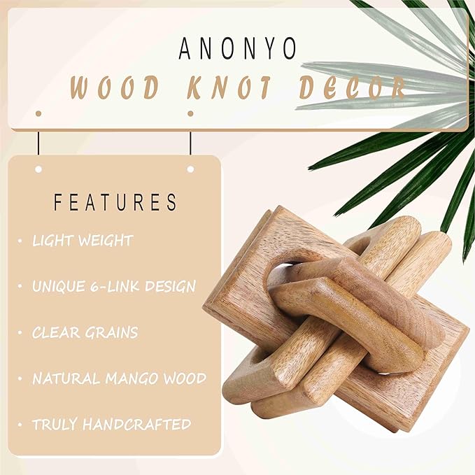 ANONYO Boho Wooden Chain Links Decorative Object for Coffee Table & Shelf | Handmade Mango Wood Knot Sculpture Rustic Modern Arch Décor for Living Room, Entryway, Console, Office Home Accent (Natural)