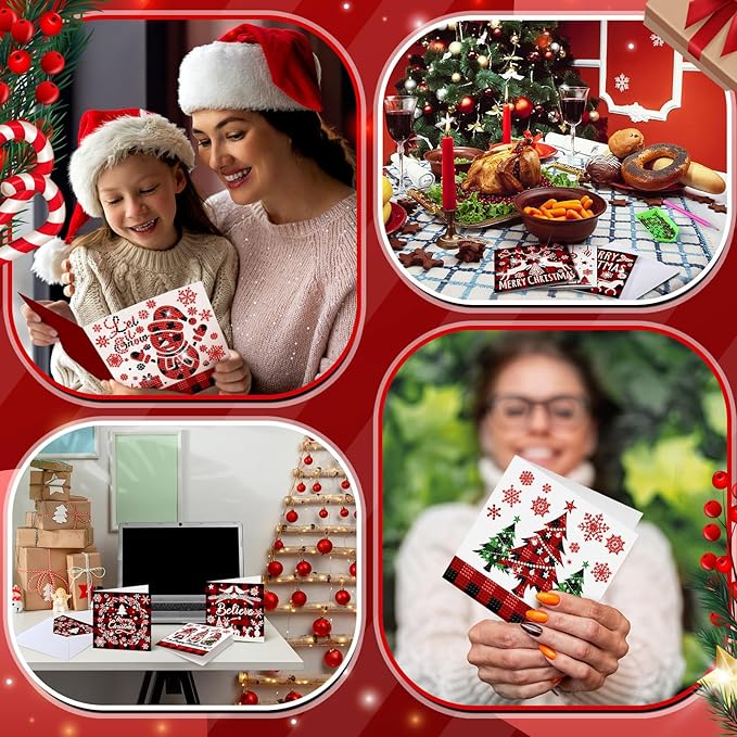 Saillong 12 Pack Christmas Diamond Painting Greeting Card Kits DIY Red Plaid Christmas Diamond Art Cards with Envelopes Xmas 5D Rhinestones Painting for Adults DIY Craft Family Friend Xmas Gifts