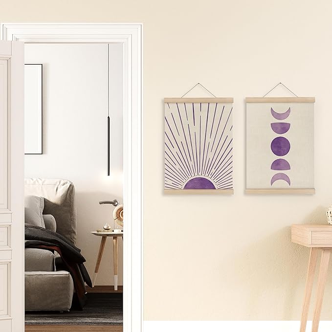 MAQIKA Purple Sun and Moon Wall Decor Poster Framed with Wood Hanger Set of 2, Sunshine Nursery Decor, Moon Phase Hanging Wall Decor, Boho Sunshine Canvas Wall Art Paints for Kids Bedroom 12x16 Inch