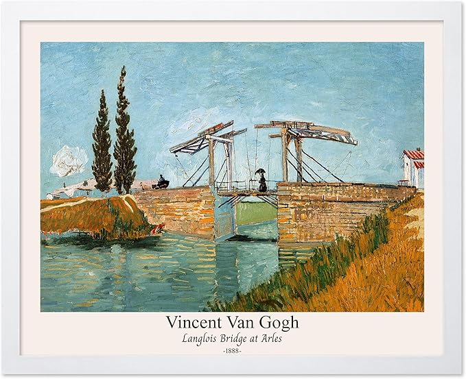 Monem Art Vintage Van Gogh Poster - Retro Langlois Bridge at Arles Print - Impressionism Art - Landscape Art - Fine Art - Classic Painting Art - Bedroom or Office Decor - 16x20 White Framed