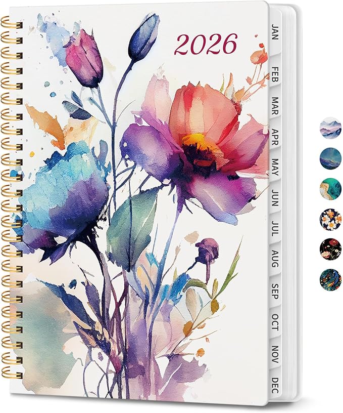 2026 Planner, Monthly and Weekly Calendar Planner for Women, Jan 2026 - Dec 2026, Hardcover Pretty 2026 Agenda Planner Book with Tabs, Spiral Bound, Perfect for School Office Home Supplies, 6.3" x 8.5" - Painted Bloom