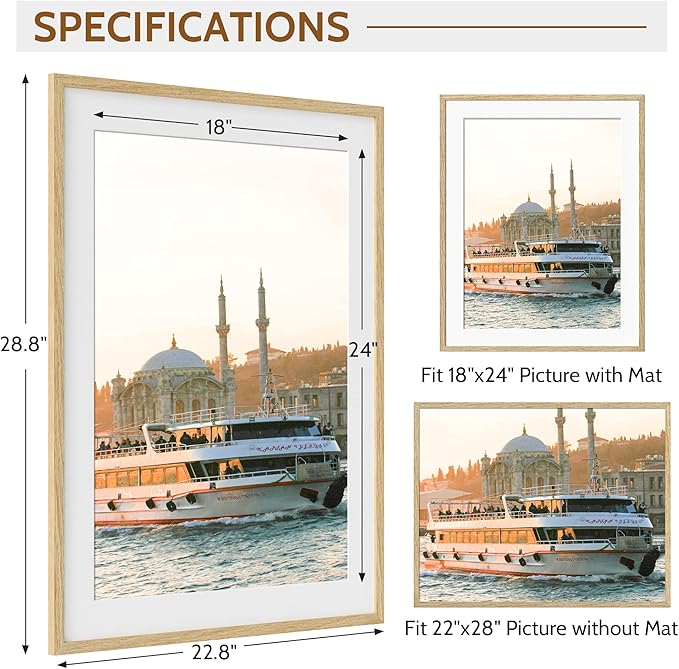 Dreamland Natural Oak Wood Picture Frame 22x28, Wooden Poster Frame with Mat for 18x24, 22 x 28 Matted Picture Frames with Tempered Real Glass for Wall Art Photo and Prints, Oak Color, Set of 2