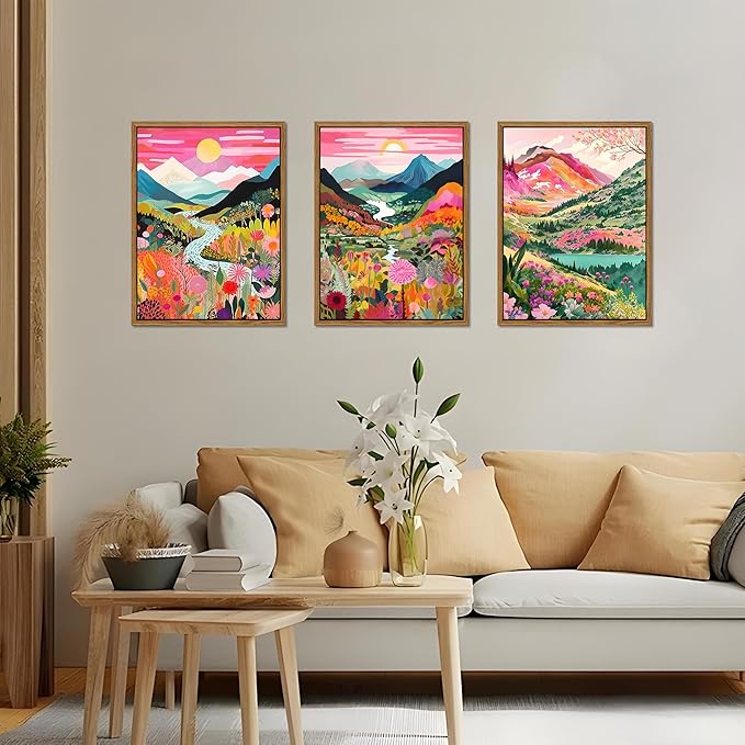 Floating Framed Boho Colorful Mountain Wall Art Set of 3, Abstract Watercolor Landscape Flower Wall Decor Paintings, Modern Nature Sunset Forest Posters Prints for Living Room, Bedroom 12x16 Inch