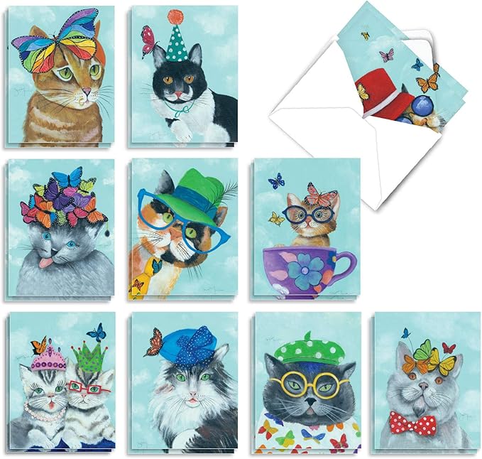 The Best Card Company 20 Assorted Blank Notes Bulk Box Set 4 x 5.12 Inch with Envelopes (10 Designs, 2 Each) Butterfly Cats AM7375OCB-B2x10