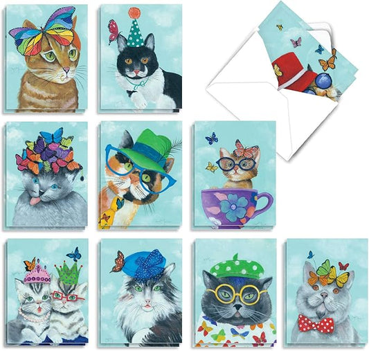The Best Card Company 20 Assorted Blank Notes Bulk Box Set 4 x 5.12 Inch with Envelopes (10 Designs, 2 Each) Butterfly Cats AM7375OCB-B2x10