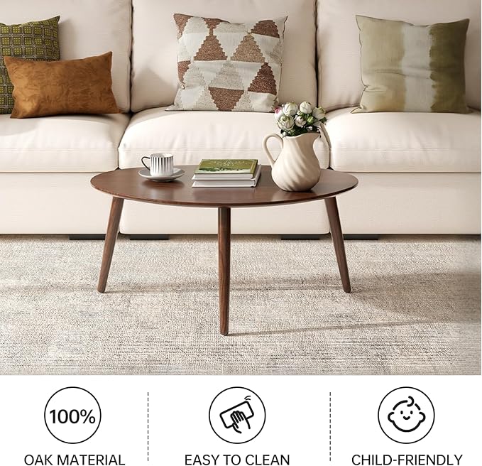 Wayshome Small Oval Coffee Table, Mid Century Modern Coffee Table for Living Room, 100% Solid Oak Wood Side Table End Tables for Home (Walnut Wood Color, 33.46''x22.83''x15.74'')