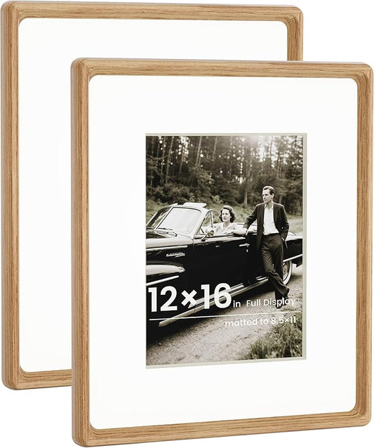 HELPLEX 12x16 Premium Picture Frame Set of 2 - Solid Oak Wood, UV-Blocking Plexiglass, Convertible 8.5x11 Matted or 12x16 Open Display - Wall Art Gallery & Luxury Home Decor