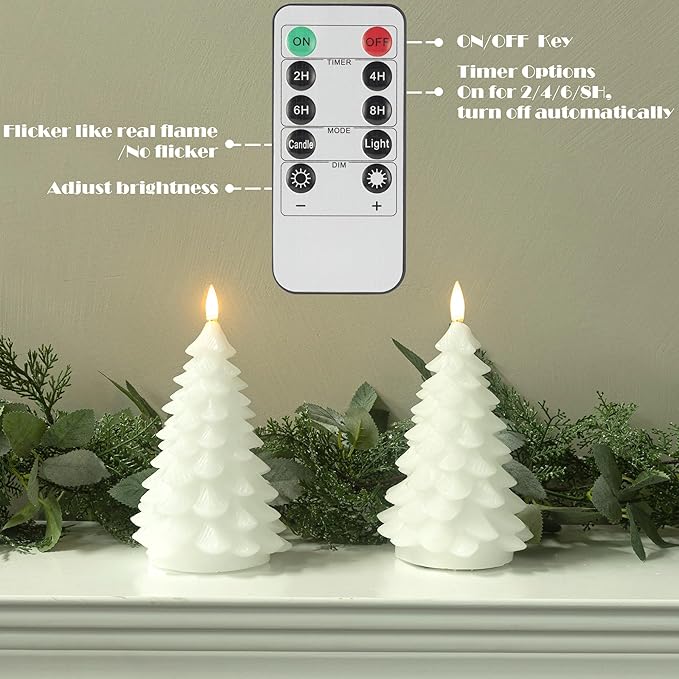 Flameless Candles with Remote Timer, 2 Pack Christmas Tree Candles Battery Operated LED Candles Real Wax Holiday Christmas Decoration for Bedroom Party Festival Gift White