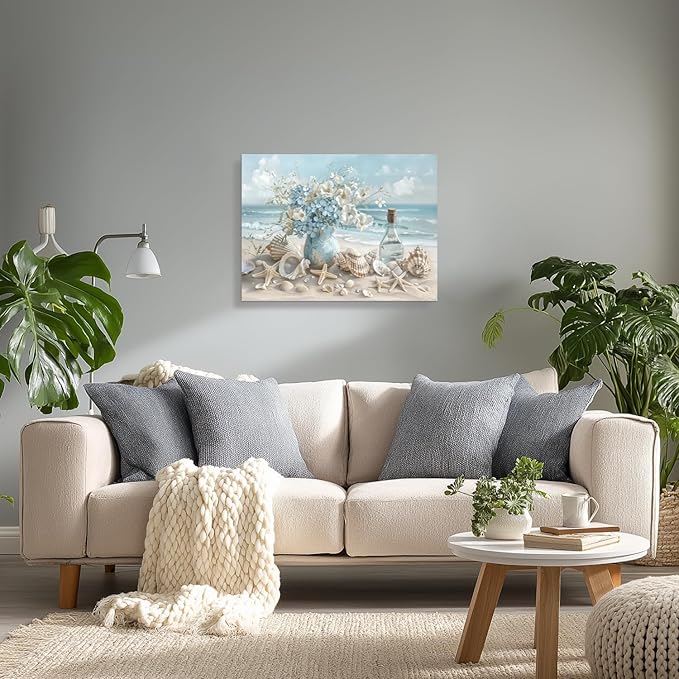 LLEEMPI Framed Coastal Beach Wall Art, Seashell Starfish Ocean Wall Decor, Shell Floral Sea Canvas Print, Blue Sky White Cloud Landscape Poster Print for Bathroom Bedroom Office 12x16 Inch