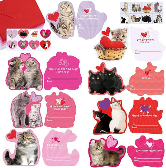 48 Sets Valentine's Day Cards Scratch & Sniff Strawberry Scented Valentine Cards Cat Kitten Pet Love Cards with Envelopes and Heart Stickers Tattoo for Kids Party Favor School Classroom Gift Exchange