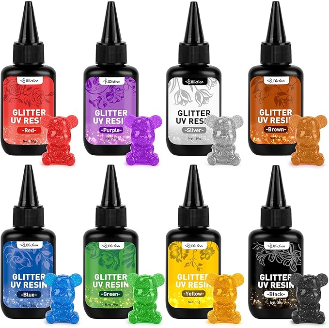 JDiction Glitter Colored UV Resin, 8 Colors Metallic UV Resin with Sparkling Effect, Hard Glitter UV Resin Kit for Jewelry Making, Colored Resin Casting and Coating, Crafts and Decoration
