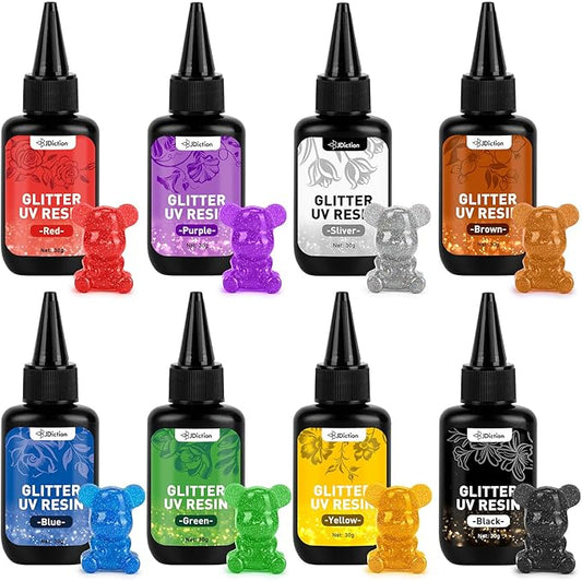 JDiction Glitter Colored UV Resin, 8 Colors Metallic UV Resin with Sparkling Effect, Hard Glitter UV Resin Kit for Jewelry Making, Colored Resin Casting and Coating, Crafts and Decoration