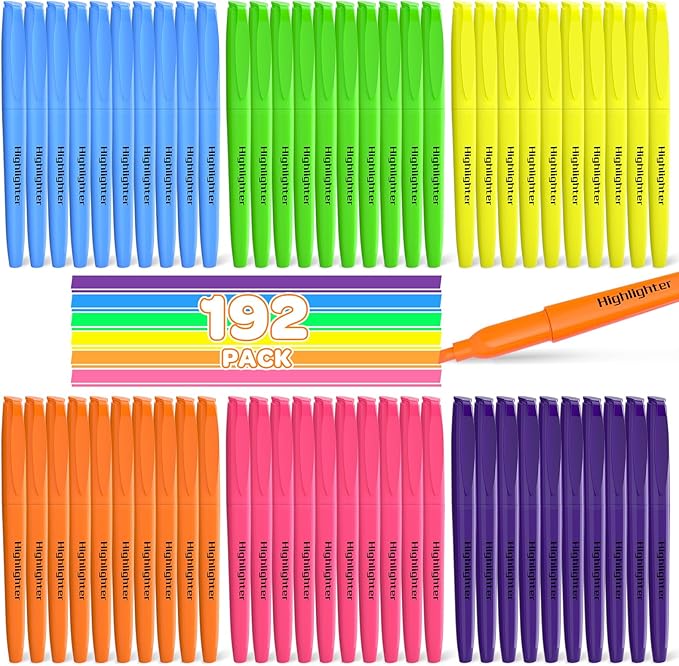 192 Pack Highlighters Assorted Colors Bulk - Chisel Tip No Bleed Dry-Quickly Markers Set for Office Classroom Supplies, Back to School Gifts for Students Teachers