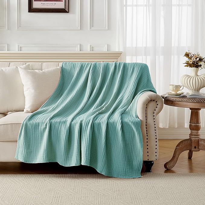Joydeco 100% Cotton Muslin Throw Blanket for Couch Bed and Sofa, 4-Layer Lightweight and Breathable Soft Gauze Blanket for All Season, Luxury Throws Cotton Blanket Gift(Teal, 55"x75")