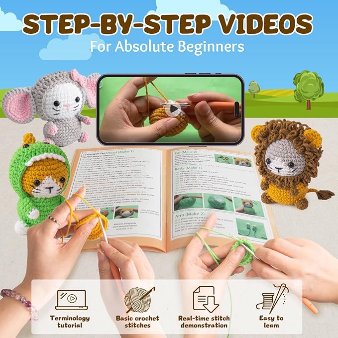 POP COCHE Crochet Kit for Beginners, Crochet Starter Kits for Adults, Amigurumi Craft Knitting Crochet Animal Kit with Step-by-Step Video Tutorials, 3 Grassland Cats (40%+ Yarn)