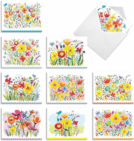The Best Card Company - 10 Boxed Note Cards with Flowers for Women - Blank Assorted Floral Notecards Bulk (4 x 5.12 Inch) - Garden Delights M6562OCB