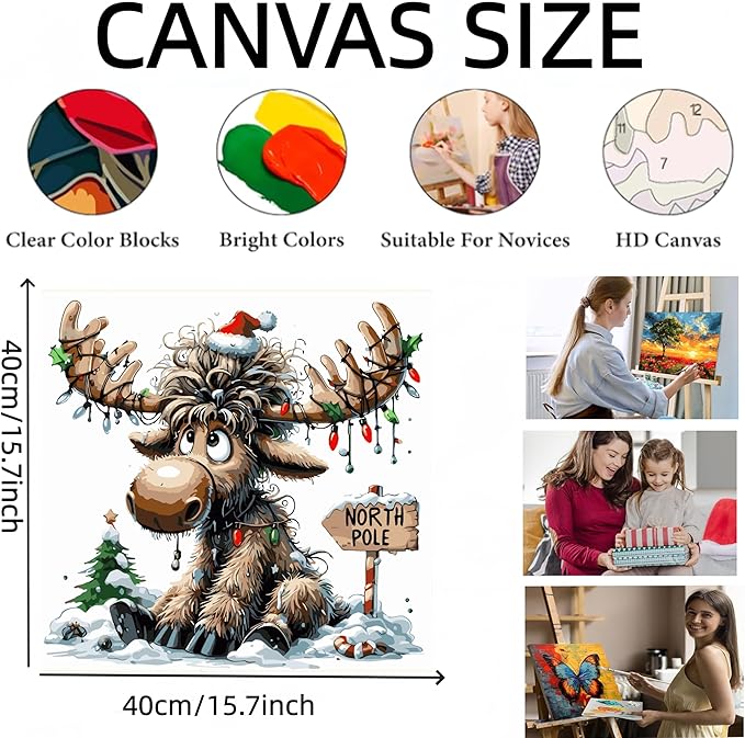 Christmas Painting by Numbers Kit for Adults Beginner,Cute Deer Color by Numbers for Adults,Moose Adult Paint by Number Kits on Canvas,Paint by Numbers Easy for Home Wall Decor 15.7X15.7 Inch