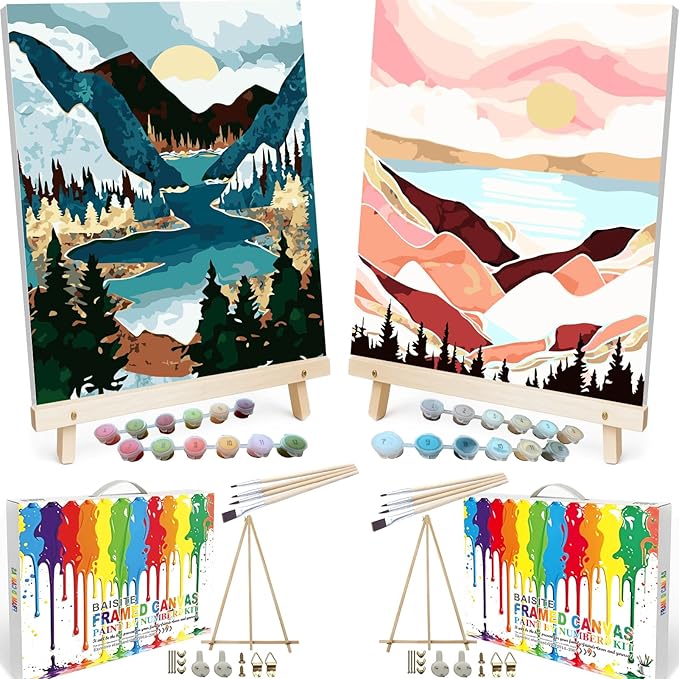 BAISITE Paint by Numbers Kit for Adults Beginners,8" Wx12 L 2 Pack Canvas for Painting Kits for Adults in Colorful Box 1112-ALREADY Framed