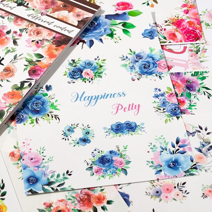 YagCu Vintage Watercolor Floral Sticker Book, Pre-Cut Stickers for Journaling, Assorted Washi Paper PET Materials, Junk Journal Supplies, Scrapbooking Crafts Arts