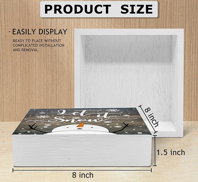 SRADMO Let It Snow Christmas Wooden Sign Desk Decor, Snowman Christmas Decor, Rustic Winter Snowflake Wood Block Signs for Home Office Xmas Party Holiday Desk Table Shelf Decorations, 8x8 Inches