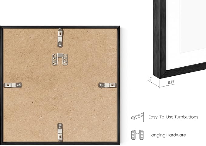 HAUS AND HUES 8x8 Black Metal Picture Frames Matted to 4x4 - Features Premium Aluminum & Hanging Hardware, Shatterproof Plexiglass - Ideal for Home, Room, Office (8x8 in, Black, Set of 9)
