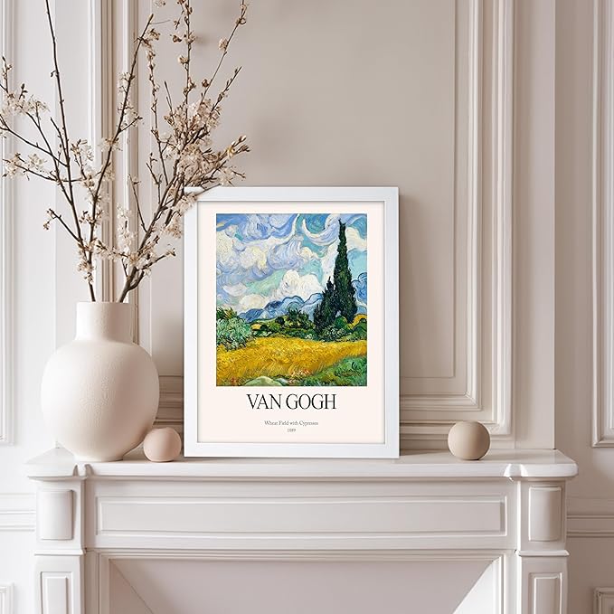 Monem Art Vintage Van Gogh Poster - Retro Impressionist Print - Wheat Field With Cypresses, Trees, Sky, Landscape - Gift for Artist, Friend - Wall Decor for Home, Office, 8x10 White Framed
