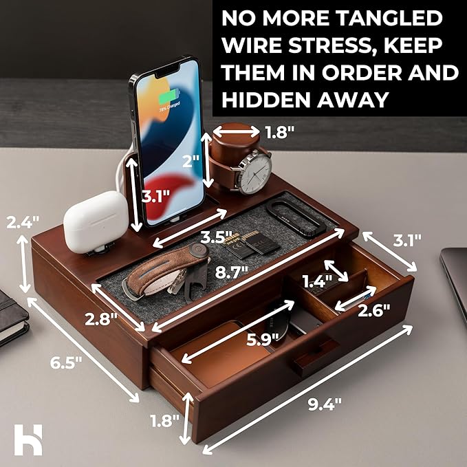 Holme & Hadfield Premium Wooden Phone Docking Station with Drawer – Nightstand Organizer for Charging Phone & Earbuds – Declutter Your Space with Felt-Lined Protection & Watch Pillar - Gift For Men