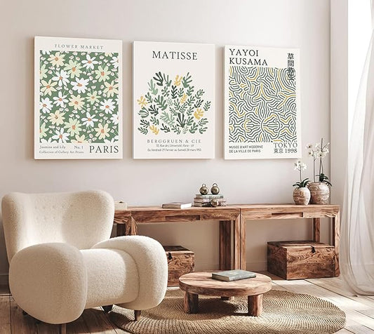 Induslyfe Large Framed Green Wall Art Canvas Decor Set of 3, Matisse Wall Art Framed Prints Posters Mid Century Modern Art, Aesthetic Floral Botanical wall art for bedroom, living room bathroom 18x24
