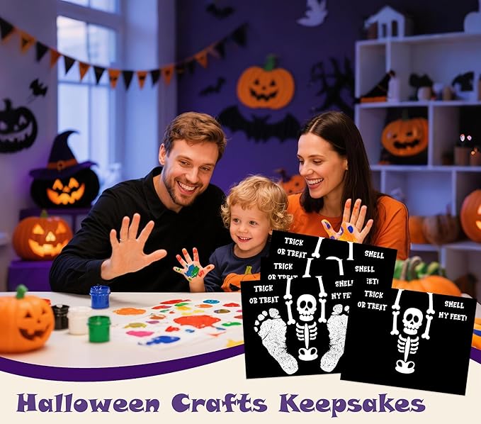 Footprint Art Craft Kit for My First Halloween, 10 Bulk 8.5x11 Inch DIY Card Making Supplies for Baby Shower Activities, Trick or Treat Smell My Feet Halloween Skeleton Party Decorations