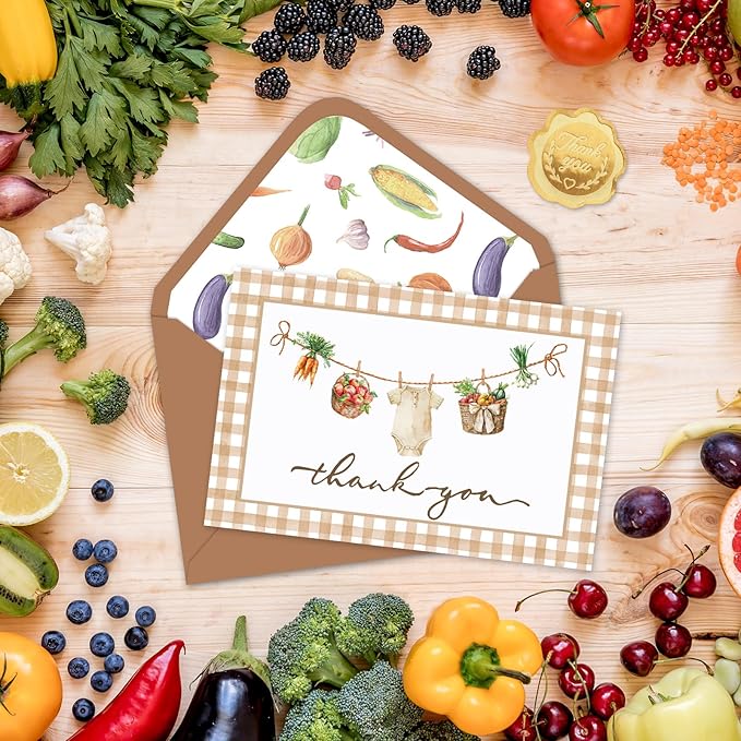 Whaline 24 Pack Baby Shower Thank You Cards Brown Plaid Vegetable Greeting Cards with Envelopes Stickers Cute Blank Note Card for Party Supplies, 4 x 6 Inch