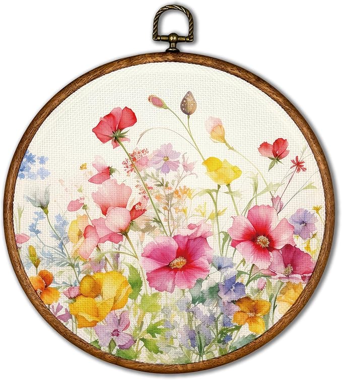 KSDUT Spring Floral Botanical Wall Decor Art - Colorful Flower Wall Art Canvas Frame Hanging Prints, Preppy Trendy Wildflower Round Wall Art Decor for Farmhouse Gallery Home Decorations 10"x10"