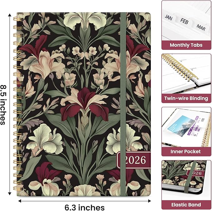 2026 Planner, Weekly and Monthly Calendar Planner for Women, Jan 2026 - Dec 2026, Hardcover Planning Agenda book with Tabs, Spiral Bound, Inner Pocket, Perfect for School Office Supplies, 6.3" x 8.5" - Dark Botanica