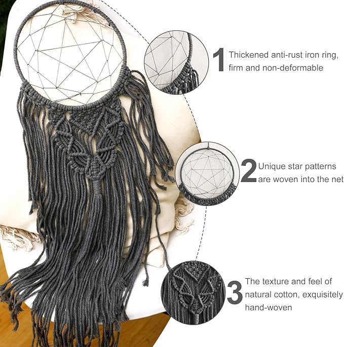 3 Pack Macrame Hanging Tapestry Wall Art Set Boho Woven Tapestries Sun Moon Star Large Dream Catcher Gray Wall Decor Bedroom Aesthetic Living Room Decor