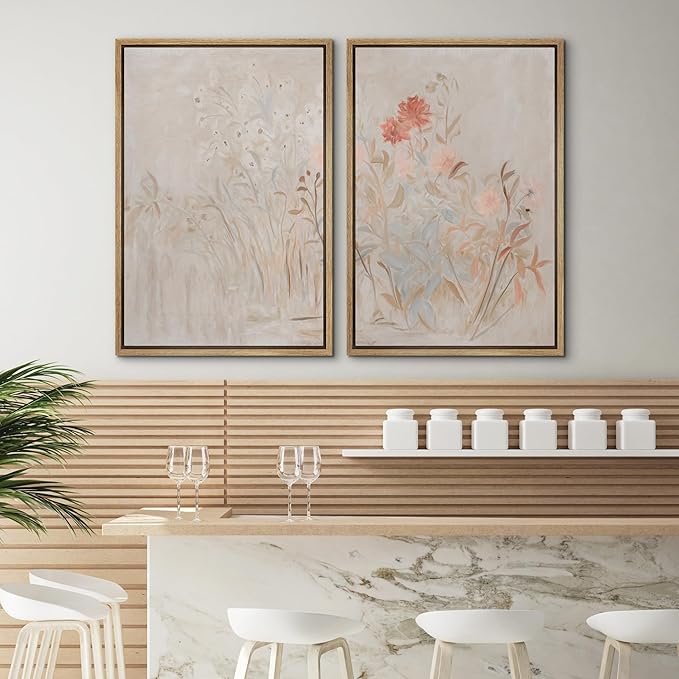 SIGNWIN Framed Canvas Print Wall Art Set Soft Pastel Wildflower Botanical Floral Illustrations Modern Art Scenic Colorful for Living Room, Bedroom, Office - 24"x36"x2 Natural