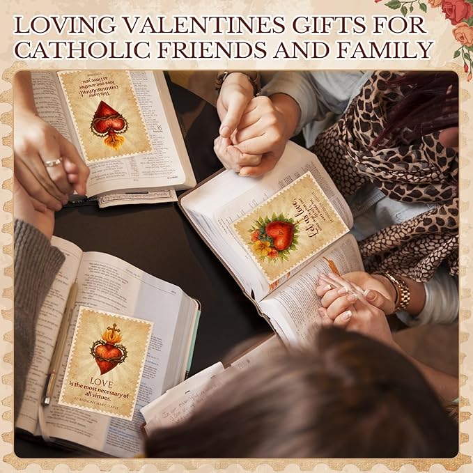Epakh 24 Sets Religious Valentine's Day Cards Catholic Greeting Card with Brown Envelope Gold Sticker Heart and Cross Exchange Gifts for Godmother Goddaughter Church Couple Friends