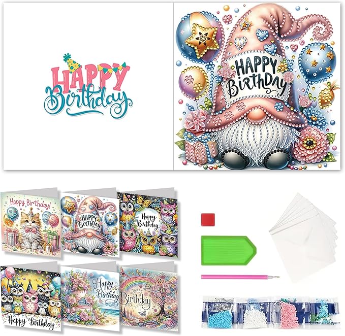 Ceitura 6Pcs DIY Diamond Art Painting Crafts Rhinestone Painting Greeting Card Making Kit Postcard for Holiday Christmas New Year Party Favors (Happy Birthday)