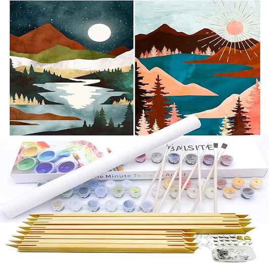 BAISITE Paint by Numbers Kit for Adults Beginners,12" Wx16 L 2 Pack Canvas for Painting Kits for Adults in Colorful Box-Sunrise Lake Mountains 6970-DIY Frame
