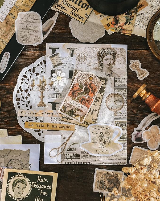 Knaid 200 Pieces Vintage Ephemera Pack Decoupage Paper Junk Journal Kit Scrapbook Planner Sticker Supplies for Art Journaling Bullet Journals Collage Craft Notebooks Album Crafter Gifts (Retro Style)
