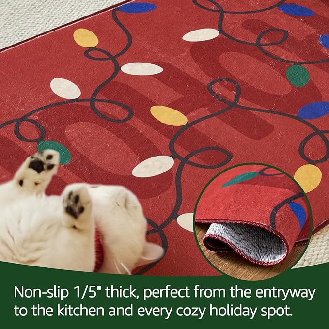 jinchan Jingle Lights Round Christmas Rug for Living Room 5ft Red Circle Holiday Rug for Bedroom 5' Colored String Lights Printed Xmas Decor Washable Indoor Carpet for Dining Room Foyer Non-Slip